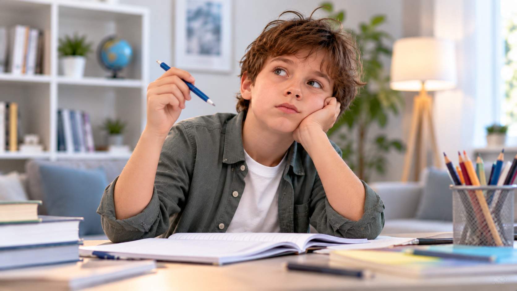 Мальчик сидит за столом с открытой тетрадью, отвлекается от выполнения домашнего задания — возможные признаки СДВГ у детей.